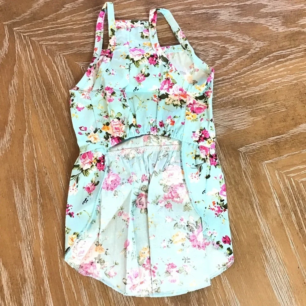 Blue Floral Halter Ribbon Bow Dog Pet Party Fancy Dress Size Large